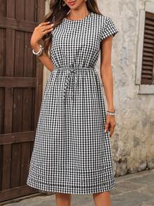 EMERY ROSE 女士休闲格子印花短袖连衣裙 - 黑與白 - 查看 7