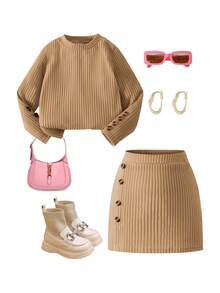 Elladie kids 2件套 女童粉色纹理长袖T恤和纹理纽扣裙 - 卡其色 - 查看 3