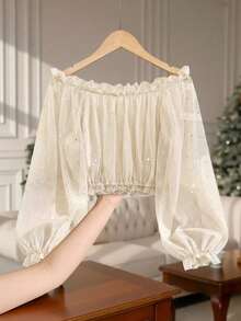 GlowEve 女士时尚亮片金属装饰露肩灯笼袖休闲短款上衣 - 杏色 - 查看 3