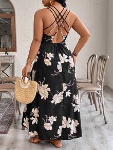 EMERY ROSE Women's Floral Criss-Cross Backless V-Neck Cinched Waist Slip Dress, Suitable For Beach, Date, Party, Spring/Summer Women Vacation Dress Backless Sundress Black Floral Dress Summer Maxi Dress Women Backless Summer Dress - Multicolor - View 2
