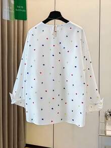 GlowEve Women's Casual Heart Print Round Neck Long Sleeve Loose Shirt, Suitable For Daily Wear - White - View 2