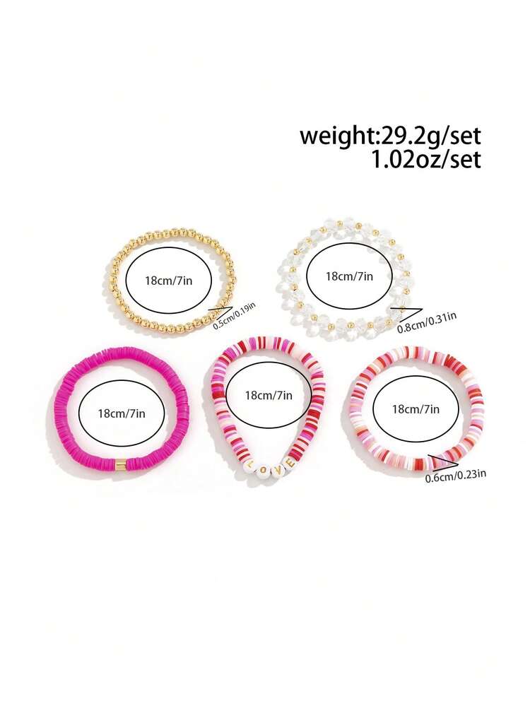 5pcs Set Fashionable Sweet & Lovely Crystal Beaded Alphabet Bracelet For Women'S Daily Wear, Gift For Friend/Festival