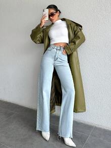 SHEIN 100%Cotton High Waist Straight Leg Jeans - Blue - View 4