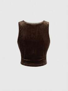 ROMWE EDITION Women's Witch Day Moon & Star Embroidered Velvet All-Match Fitted Tank Top - Brown - View 3