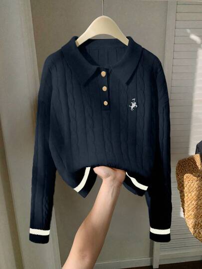 Franclia 撞色边简约长袖刺绣马头Polo领针织毛衣