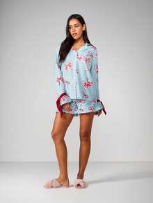 MISSGUIDED Bow Print Pajama Set Long Sleeve Button Up Top With Ruffle Shorts Holiday Sleepwear Lounge Set - Blue - View 4