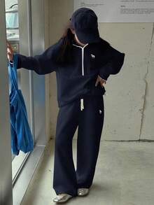 DAZY Bộ 2 áo hoodie đan len thêu họa tiết cho bé gái tuổi teen và quần lót giữ nhiệt, Thu/Đông - Màu xanh hải quân - Xem 3