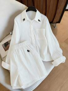 GlowEve Women's Knight Print Long Sleeve Single-Breasted Pocket Shirt And Shorts Casual 2 Pieces Set - White - View 4