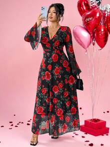 Elenzga Đầm Valentine cỡ lớn dành cho nữ, thanh lịch, cổ chữ V, hai lớp, tay bồng, xẻ cao, họa tiết hoa hồng, thích hợp cho buổi hẹn hò lãng mạn ngày Valentine. - Nhiều màu - Xem 5