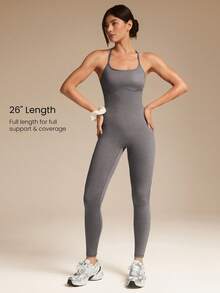 GLOWMODE 26英寸 Softy Velvaire 超柔软双向可拆卸胸垫连体衣，适合低冲击瑜伽、普拉提、日常休闲穿着。 - 灰色 - 查看 2