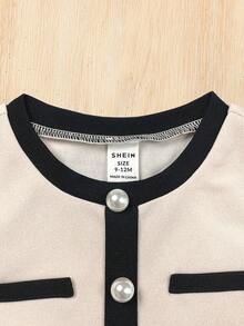 SHEIN Baby Girl Round Neck Contrast Color Short Sleeve Button Front Elegant T-Shirt Set - Multicolor - View 5