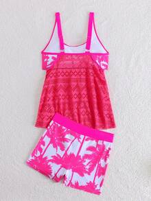 SHEIN Swim Lushore Bộ bikini 2 mảnh dành cho nữ, gồm áo hai dây và quần short in hình cây dừa chuyển màu, thích hợp mặc mùa hè. - Nhiều màu - Xem 4