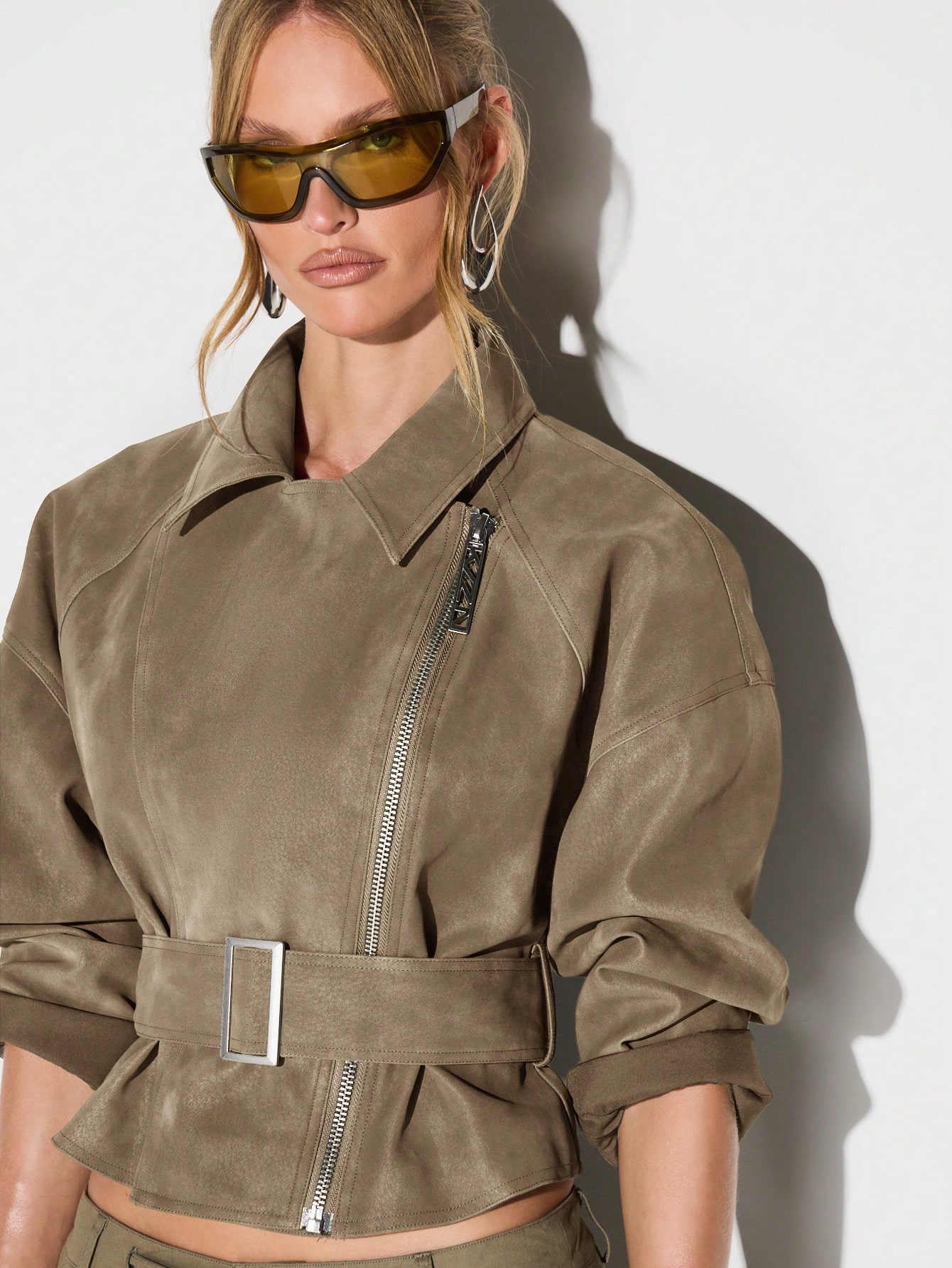 KIZN Cropped Suedette Biker Jacket With Belt