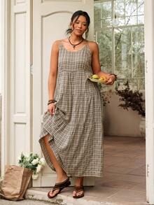 SHEIN VCAY 大码夏季休闲复古格子荷叶边吊带连衣裙 - 黑色 - 查看 7