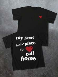 Manfinity LEGND Áo thun nam màu đen dáng rộng, phong cách thường ngày, thời trang đường phố, in khẩu hiệu và hình trái tim, thích hợp cho mùa hè. - màu đen - Xem 2