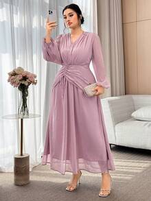Modelyn Plus Size Women Solid Color Pleated Overlap V-Neck Lantern Sleeve Elegant Dress - Dusty Pink - View 6