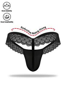1pc Fashionable Mysterious Black Lace Trim Sexy Briefs For Men - Black - View 2