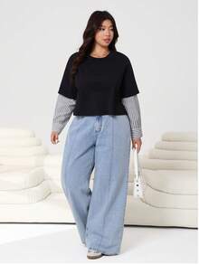 SHEIN EZwear Nuevo casual de primavera/verano 2026 para uso diario, fiesta, cita, cumpleaños, festival de música, vuelta al colegio, de múltiples ocasiones, se puede usar como prenda exterior o en capas, camiseta de manga corta holgada de punto negro con empalme de rayas negras de talla grande - Multicolor - Ver 5