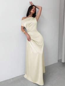 Firerie 女款乳白色優雅夏季婚禮賓客不對稱肩褶皺美人魚裙襬洋裝，正式伴娘禮服適用於婚禮、度假、畢業典禮 - 米色 - 查看 7