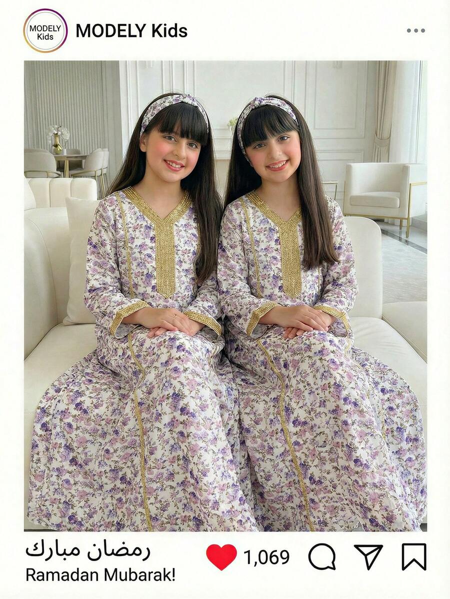 1 chiếc váy dài thanh lịch họa tiết hoa ditsy Ramadan dành cho bé gái, áo choàng cổ chữ Y có thắt lưng, áo choàng Abaya dài tay rộng rãi, thích hợp mặc khi tụ tập và mặc hàng ngày, màu tím - Màu tím hoa cà - Xem 1