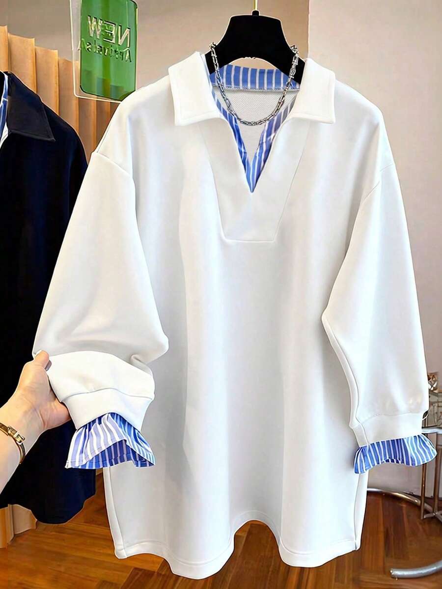 SHEIN 女式休闲条纹长袖运动衫 - 白色 - 查看 1