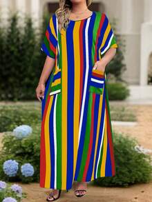 EMERY ROSE Plus Size Women Casual Striped Round Neck Pocket 3/4 Sleeve Dress, Suitable For Vacation - Multicolor - View 3
