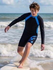 SHEIN Tween Boy Casual Sports Graphic Long Sleeve Rash Guard, Suitable For Beach, Swimming, Surfing - Black - View 7