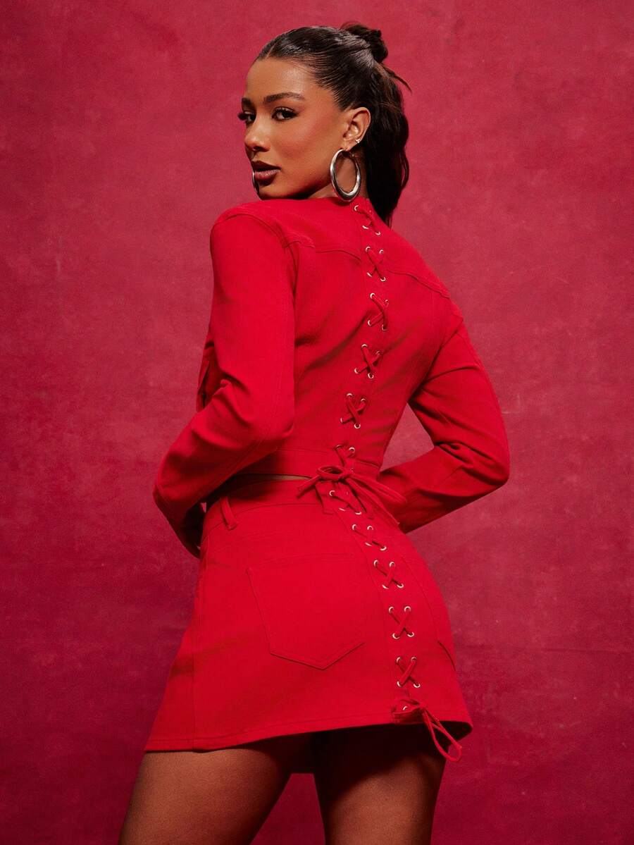 NYA SZN Matching Set (Jacket & Skirt) Jacket Long Sleeve Cropped Zipper Detail Fitted Mini Skirt Bodycon Lace Up Denim Red Festival Holiday Carnival Cool Girl Eve Winter Spring Streetwear Y2K Outfits For Women - Red - View 1