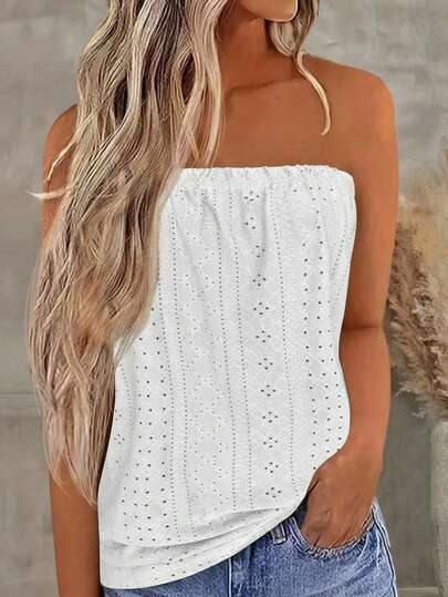 Balvessa Women's Solid Color Casual Versatile Sleeveless Tube Top, Summer White Strapless Top White Boho Top White Eyelet Top Strapless Eyelet Top White Summer Top