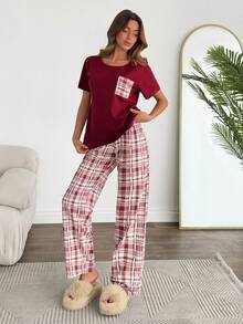 SHEIN Sweetheart Plaid Cotton PJ Set – Cozy Short Sleeve Lounge Essential - Red - View 4