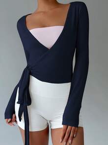 FavEase Áo thun bó cổ chữ V tay dài ôm sát tập yoga màu hồng, co giãn cao, mềm mại & thoải mái, thiết kế tối giản thanh lịch dành cho phụ nữ, mùa xuân/thu - Màu xanh hải quân - Xem 5