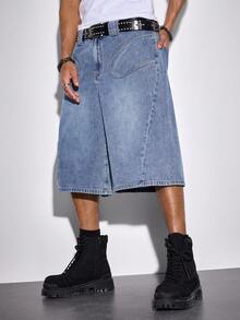 ROMWE MEN Essentials Quần short denim ống rộng dáng suông, không đối xứng, có túi dành cho nam. - Màu xanh lam - Xem 1