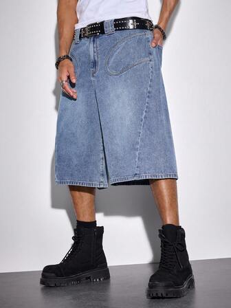 Street Life Shorts en jean amples à jambes larges avec poche asymétrique pour hommes