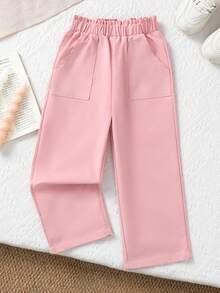 SHEIN Genkimix Kids Quần ống rộng dáng suông cho bé gái, màu hồng nhạt, thiết kế tối giản và nhẹ nhàng, cạp chun co giãn + túi tiện dụng, kiểu dáng mềm mại phù hợp cho hoạt động thể thao. Thích hợp cho các dịp xuân/thu như đi học, đi chơi, họp mặt gia đình, phong cách Hàn Quốc nhẹ nhàng. - Hồng - Xem 3