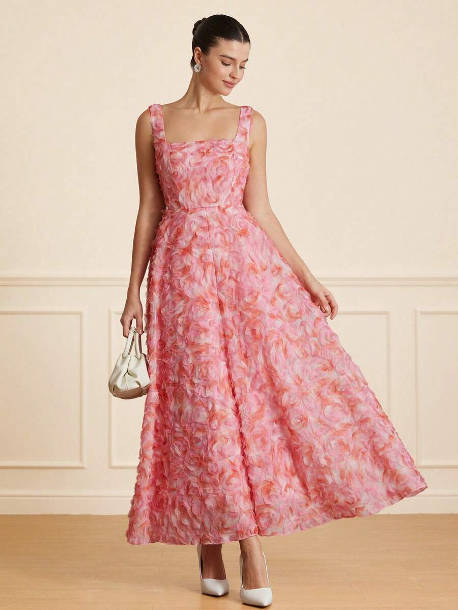 Aveloria Rosie French Romantic Elegant Fashion Versatile Heavily Embellished Colorblock 3D Floral Fabric Cinched Waist Sleeveless A-Line Dress For Women - Multicolor - View 1