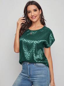 SHEIN Clasi Áo sơ mi nữ dệt kim tay ngắn cổ tròn in họa tiết tối giản - Màu xanh lá cây đậm - Xem 4