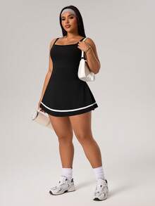 Rhythm Era 大码女式休闲无袖连衣裙，露背设计，撞色拼接，内置短裤和口袋，适合日常休闲穿着、跑步、瑜伽、健身、网球等运动。