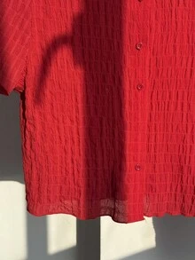 SHEIN Teen Girls Red Knit Crepe Short Sleeve Blouse, Casual Versatile Personalized Tops, Suitable For Music Festivals, Cropped Shirt Shirt For Teen Girl Red Crop Shirt Shirts For Women Summer Blouse For Teen Girls Blouses For Women Summer - Red - View 4