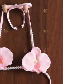 Swim Mod Women's Solid Color Beaded 3D Flower Decor Halter Tie Back Sexy Swimwear Top For Beach Vacation - Pink - View 3