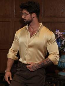 DAZY 杏色亮面休闲长袖衬衫，男士春夏款 - 杏色 - 查看 6