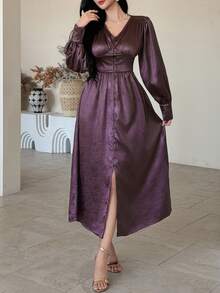 DAZY 女士优雅纯色纹理V领泡泡袖褶皱中长连衣裙，春夏婚礼宾客礼服/吊带裙 - 紫色 - 查看 6