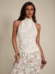 SHEIN BAE Women's Beaded Lace Turtleneck Backless Sexy Halter Top,New Spring/Summer Arrival: White Lace Top. Perfect For Beach Vacations, Beach Trips, Beach Parties, Dates, Nightclubs, Picnics, Parties, Music Festivals, Brunch, And Other Occasions. - White - View 5