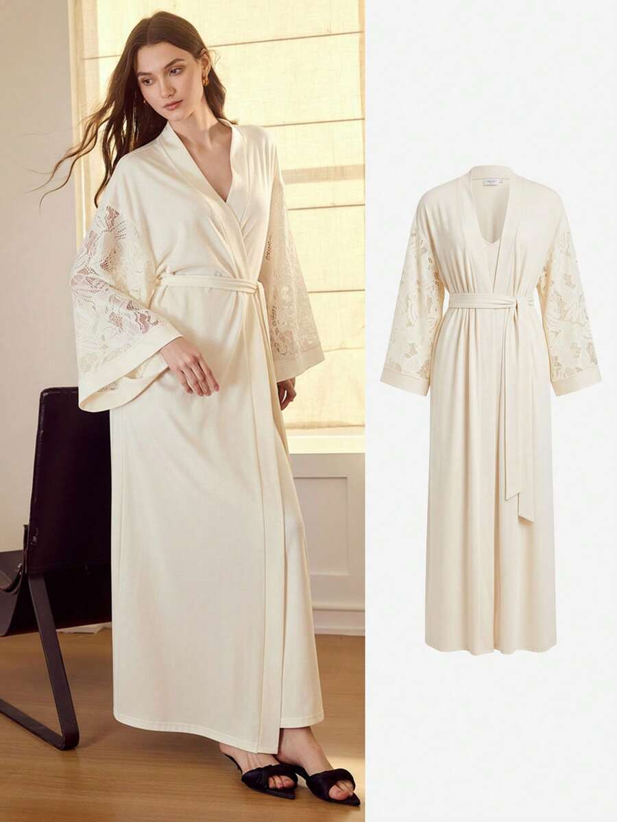 MOTF PREMIUM CONTRAST LACE KNIT CAMISOLE NIGHTGOWN AND BELTED ROBE SET - White - View 1