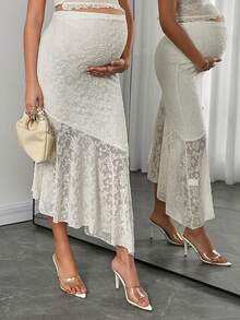 SHEIN Falda ajustada con volantes y encaje asimétrico para maternidad - Beis - Ver 5