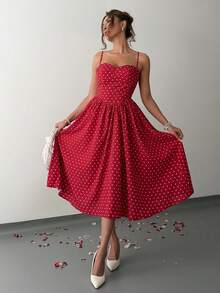 SHEIN Tall Fashionable Versatile Date Party Spaghetti Strap Waist Flared Dress For Women, Autumn/Winter - Red - View 4