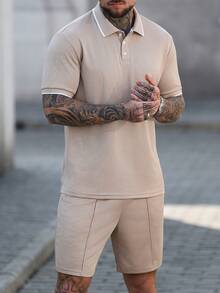 Manfinity Homme 男士提花罗纹领短袖休闲Polo衫套装 - 卡其色 - 查看 3