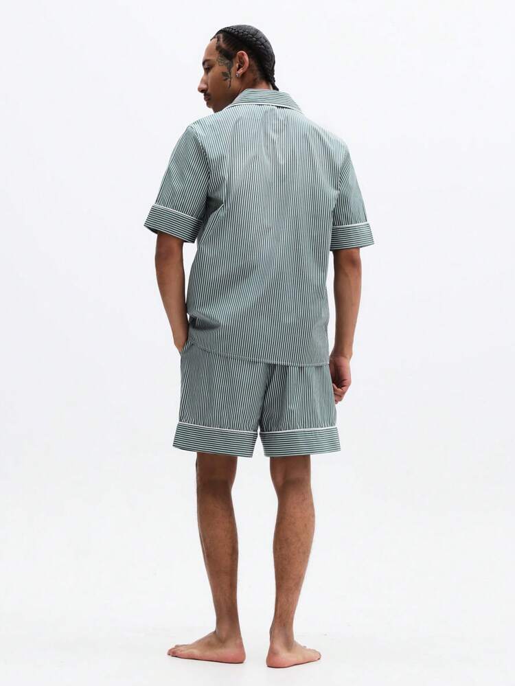 Striped Button Down Pajama Set With Matching Shorts