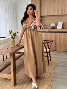 Weeklong 大码女式撞色提花仿亚麻荷叶边下摆A字休闲/职业连衣裙，春夏款 - 棕色 - 查看 6