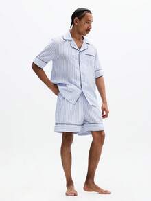 SUMWON Striped Short Sleeve Shirt And Shorts Pajama Set Two Piece Loungewear Summer Sleepwear Relaxed Fit Button Up With Contrast Trim - Blue - View 3