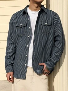 Manfinity Roghcode Men's Blue Vertical Striped Denim Casual Slim Fit Shirt - Medium Wash - View 5